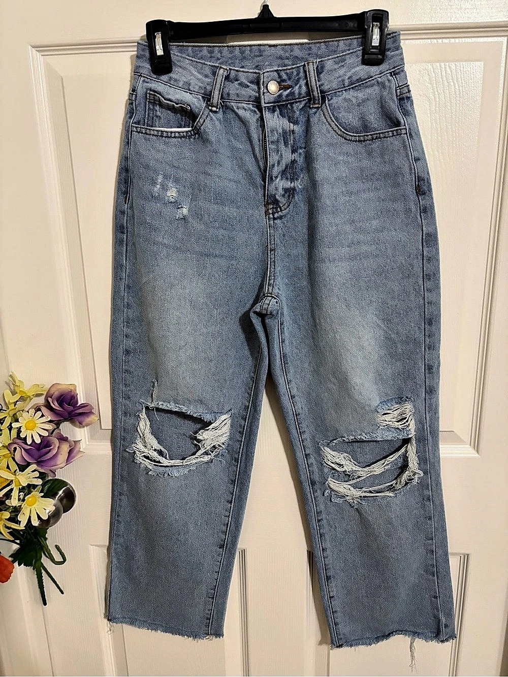 SHEIN Distressed Straight Leg Jeans in Blue Size S (36)
